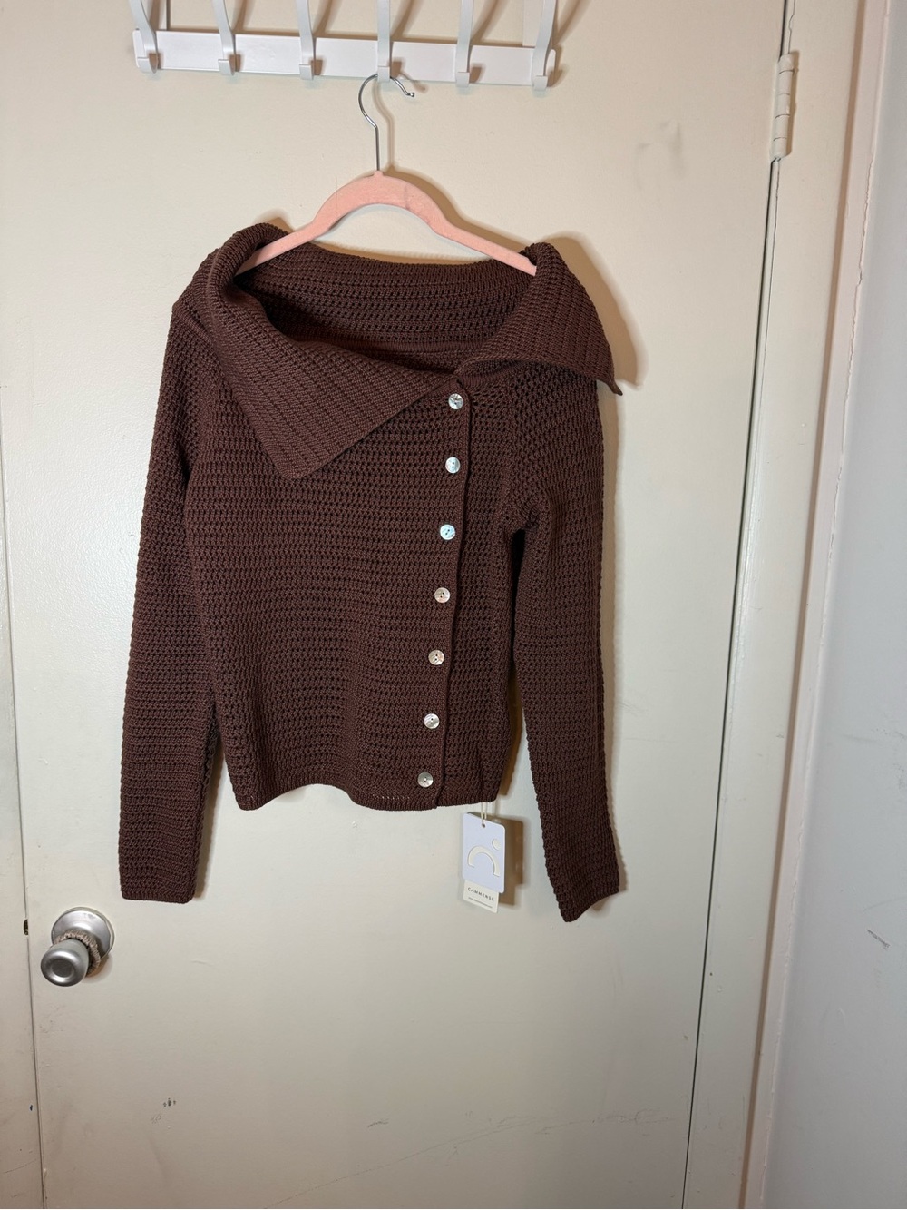 Commense Chocolate Brown Asymmetrical Button Knit Cardigan